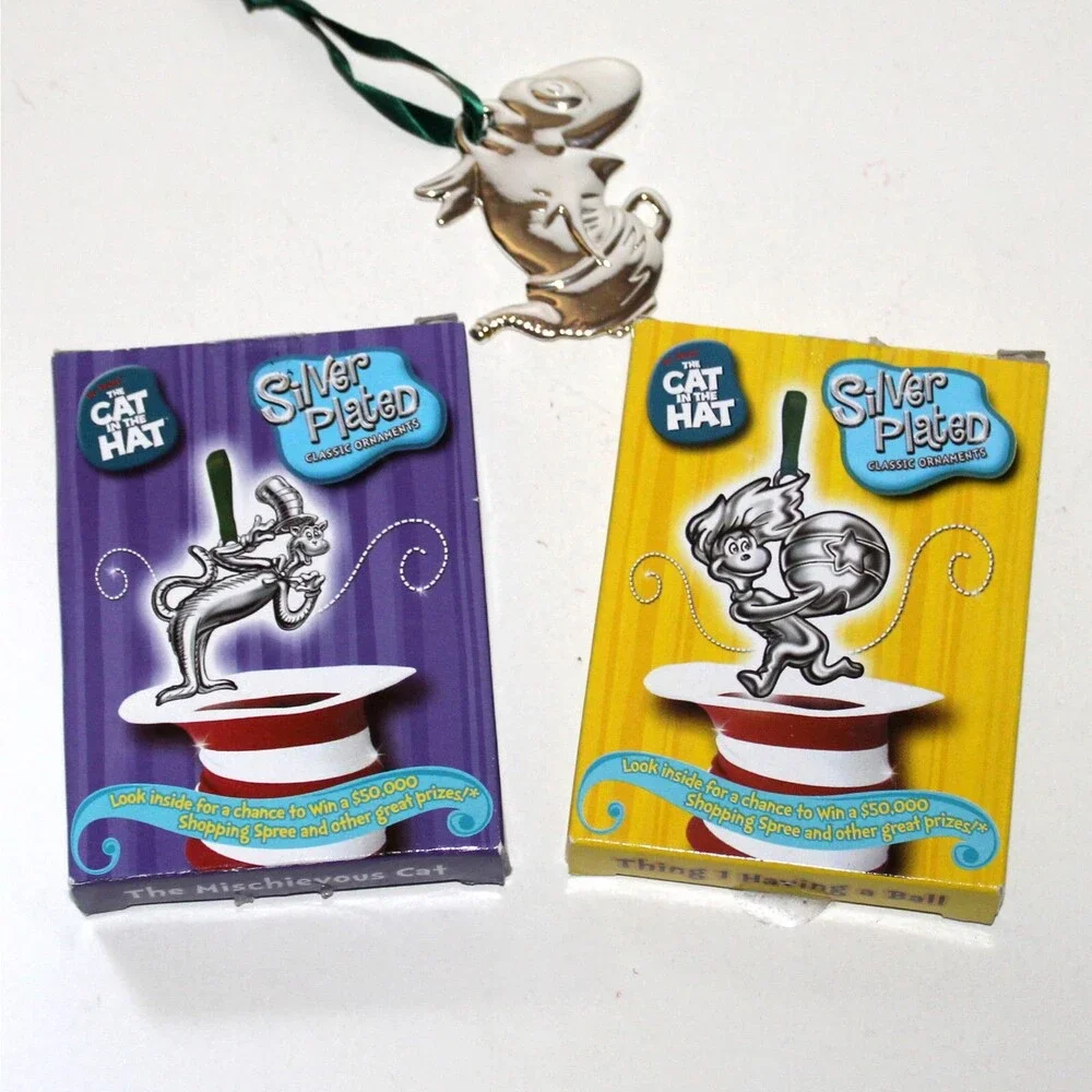 Lot of 3 Dr Seuss Cat In The Hat Christmas Ornaments Silver Plated Thing 1